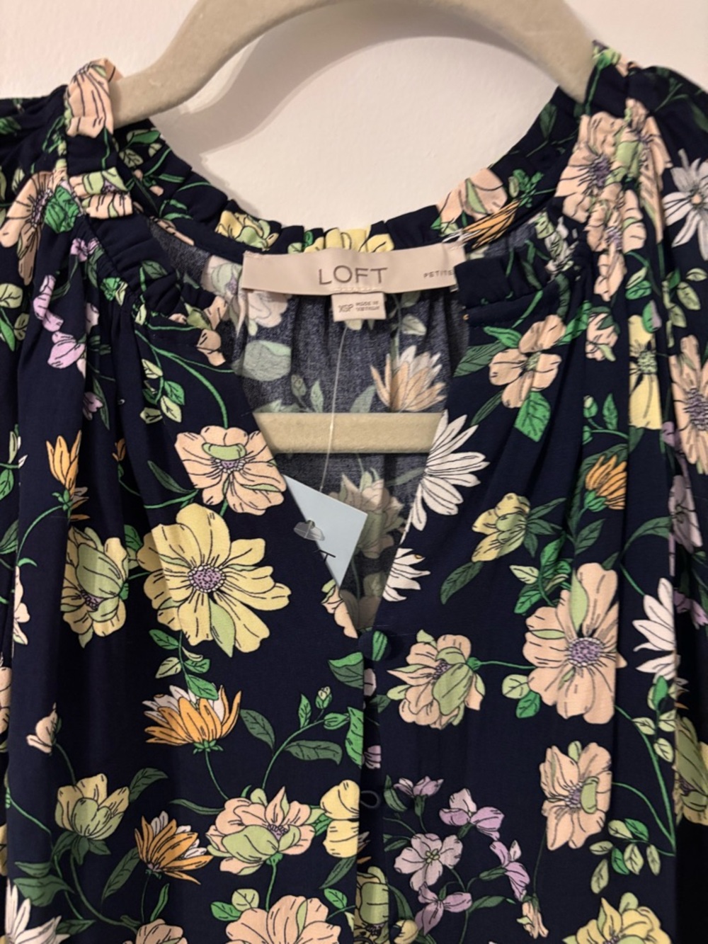 LOFT Petites Navy Floral Button-Front Dress with Pink and Yellow Blooms NWT - Picture 2 of 7